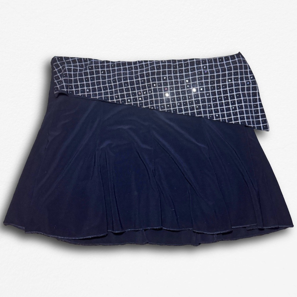 Twin USA Y2K Black Mini Skirt Silver Sequin Grid Asymmetrical Waistband Flared